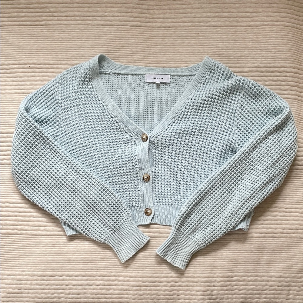 John + Jenn Mint Green Cropped Knit Button Cardigan